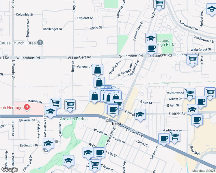 map of restaurants, bars, coffee shops, grocery stores, and more near 363 Honeysuckle Lane in Brea