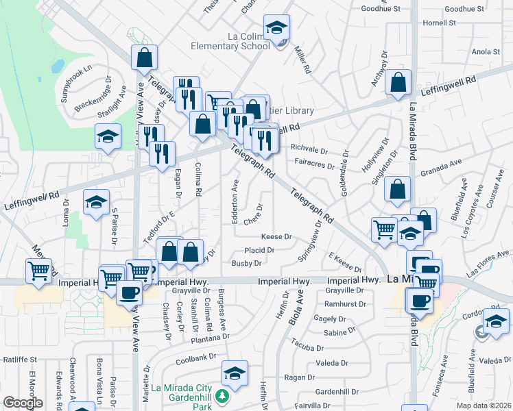 map of restaurants, bars, coffee shops, grocery stores, and more near 14527 Chere Drive in Whittier