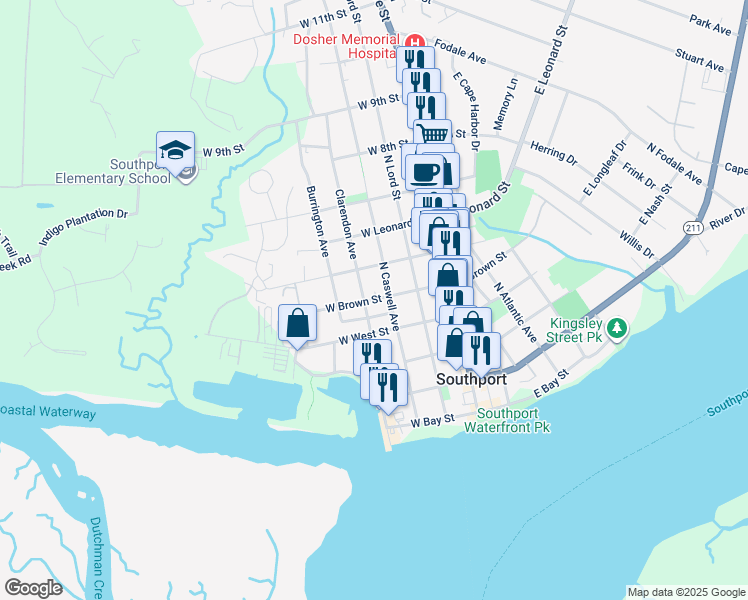 map of restaurants, bars, coffee shops, grocery stores, and more near West Brown Street in Southport
