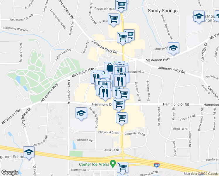 map of restaurants, bars, coffee shops, grocery stores, and more near 6050 City Walk Lane in Atlanta