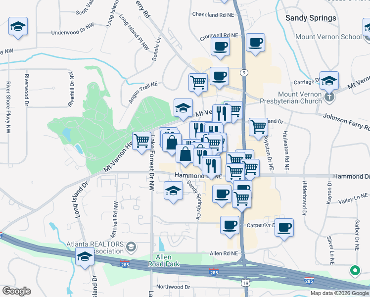 map of restaurants, bars, coffee shops, grocery stores, and more near Sandy Springs Circle in Sandy Springs