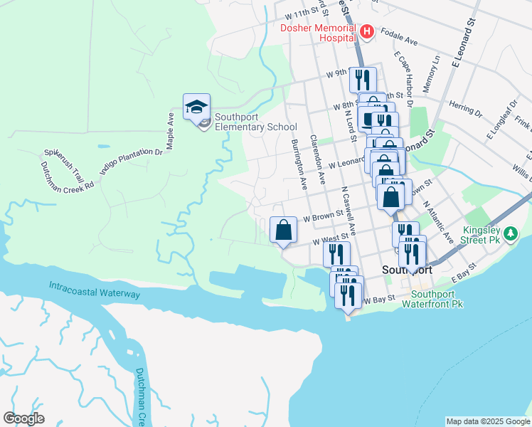 map of restaurants, bars, coffee shops, grocery stores, and more near 614 West Brown Street in Southport