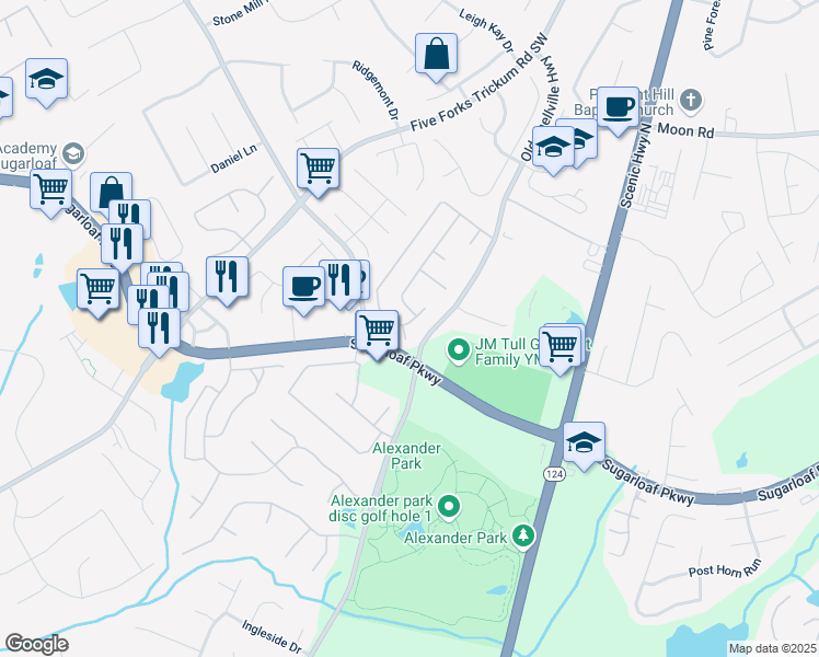 map of restaurants, bars, coffee shops, grocery stores, and more near 3139 Flery Way South West in Lawrenceville