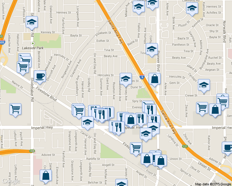 map of restaurants, bars, coffee shops, grocery stores, and more near 12132 Roseton Avenue in Norwalk