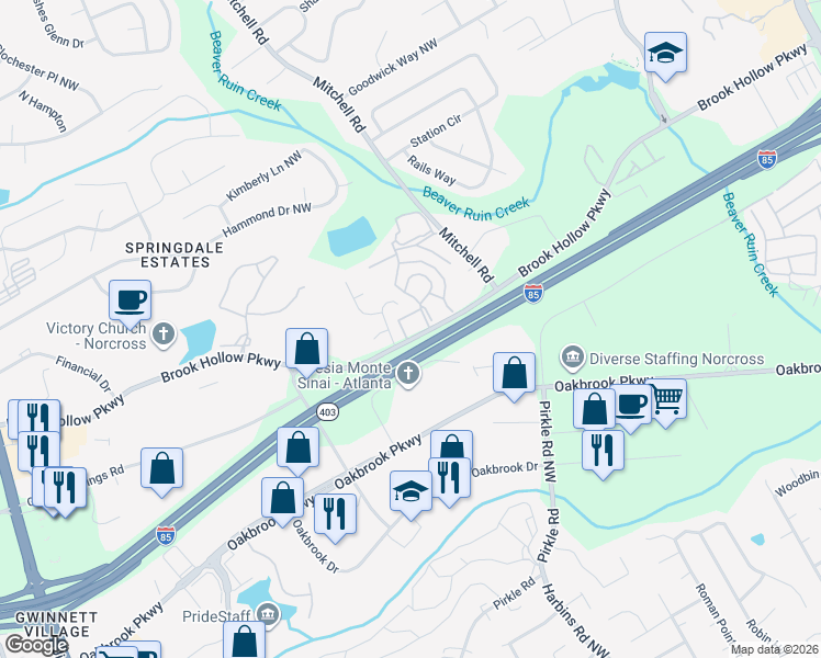 map of restaurants, bars, coffee shops, grocery stores, and more near 5651 Brook Hollow Parkway in Norcross