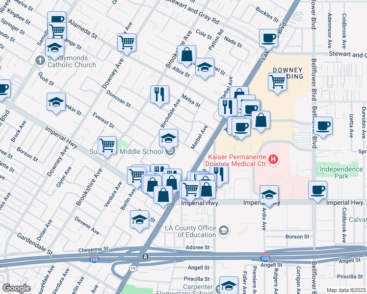 map of restaurants, bars, coffee shops, grocery stores, and more near 8702 Donovan Street in Downey