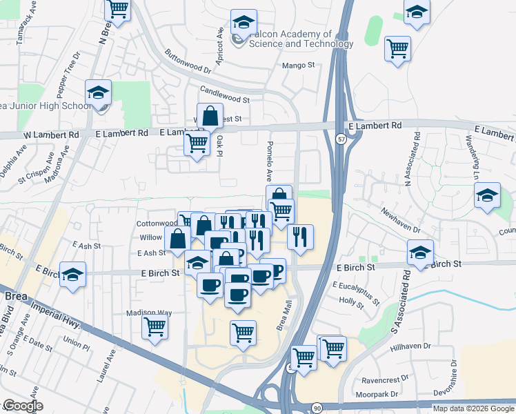map of restaurants, bars, coffee shops, grocery stores, and more near 232 Olive Place in Brea