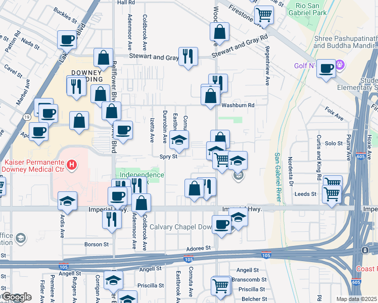 map of restaurants, bars, coffee shops, grocery stores, and more near 12252 Cornuta Avenue in Downey