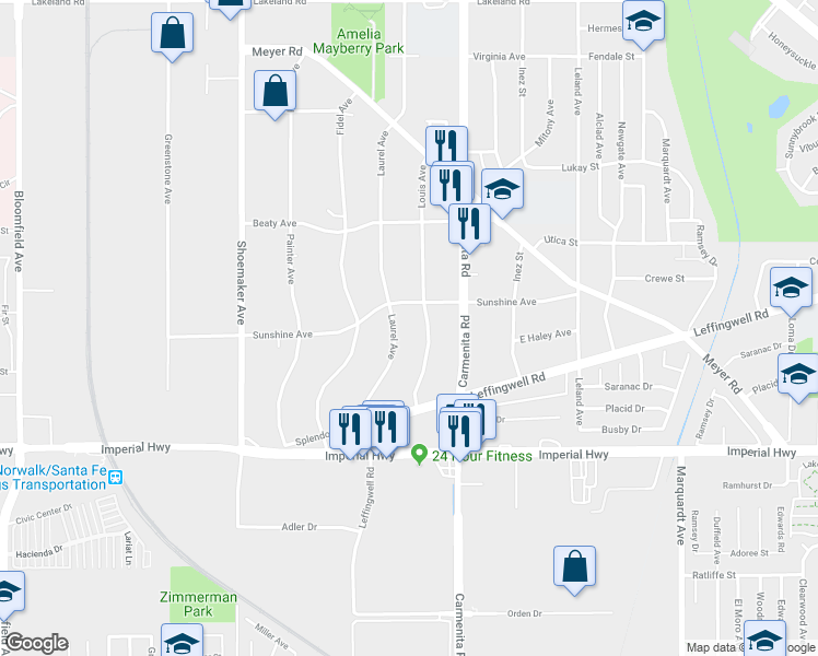 map of restaurants, bars, coffee shops, grocery stores, and more near 12130 Laurel Avenue in Whittier