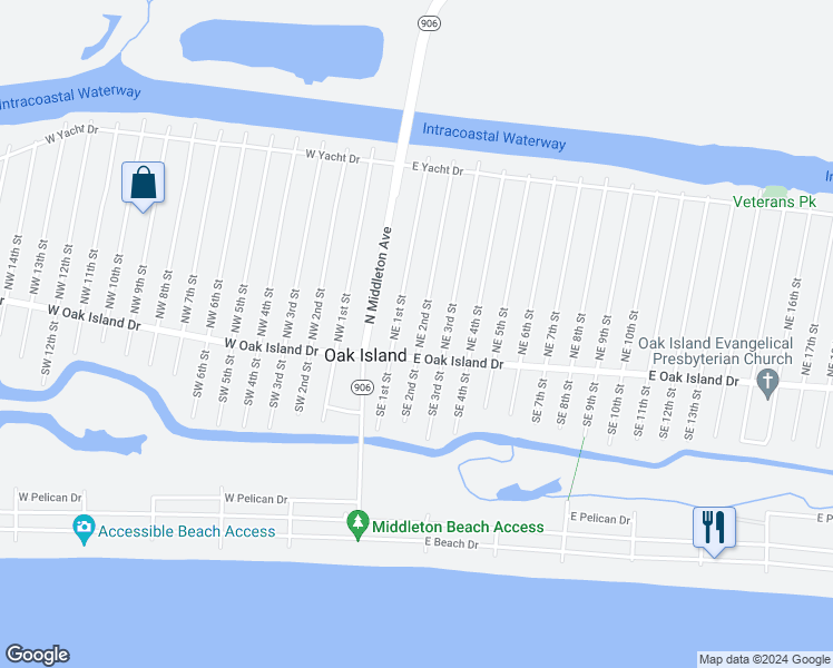 map of restaurants, bars, coffee shops, grocery stores, and more near 103 Northeast 2nd Street in Oak Island