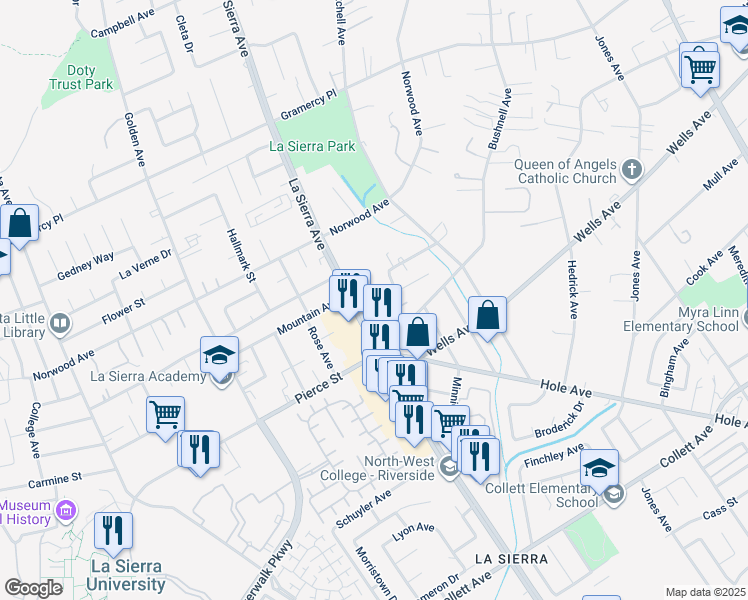 map of restaurants, bars, coffee shops, grocery stores, and more near 11053 Nebraska Avenue in Riverside