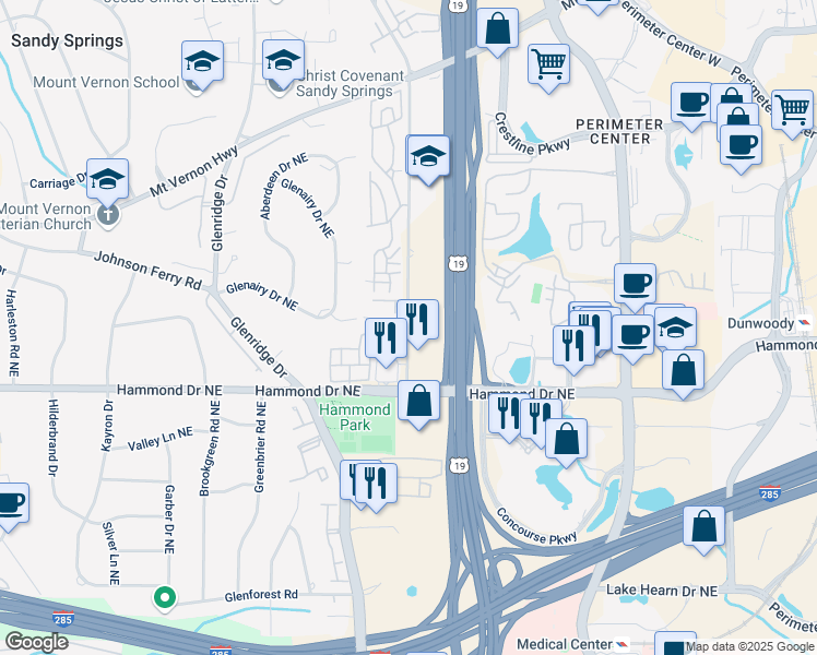 map of restaurants, bars, coffee shops, grocery stores, and more near 6069 Barfield Road in Sandy Springs