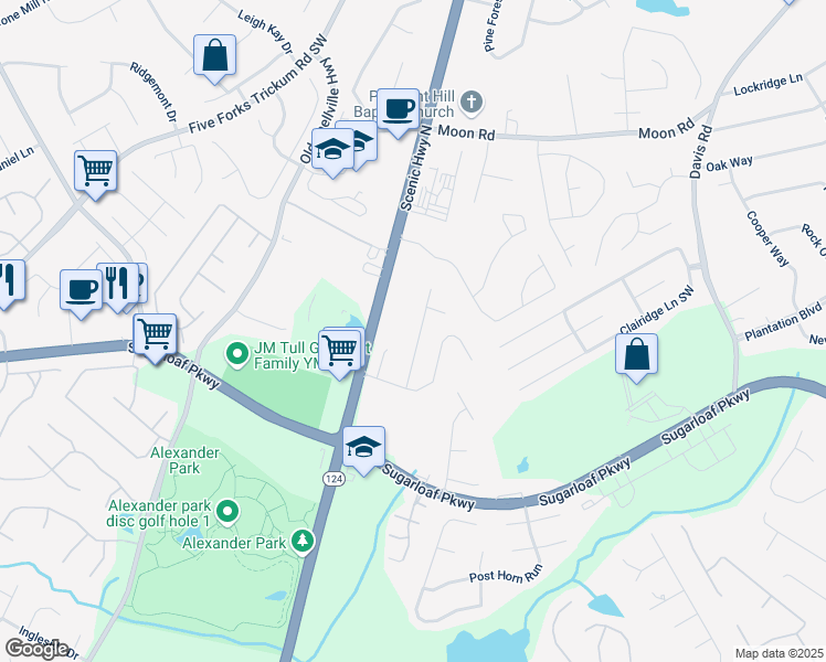 map of restaurants, bars, coffee shops, grocery stores, and more near 735 Scenic Creek Drive Southwest in Lawrenceville
