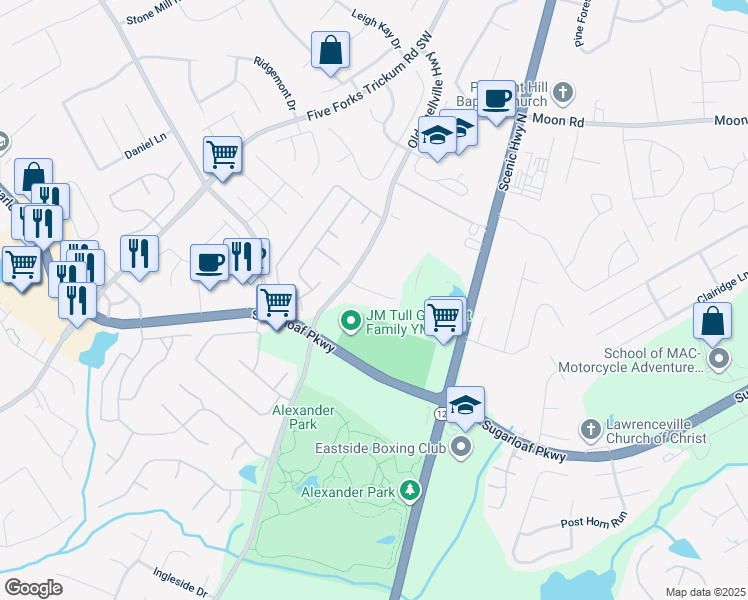 map of restaurants, bars, coffee shops, grocery stores, and more near 733 Still Lake Drive Southwest in Lawrenceville