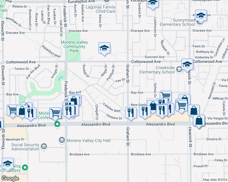 map of restaurants, bars, coffee shops, grocery stores, and more near 23389 Dome Street in Moreno Valley
