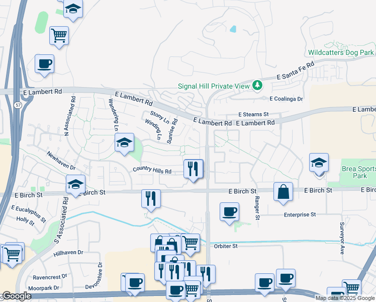 map of restaurants, bars, coffee shops, grocery stores, and more near 2589 Flanders Court in Brea