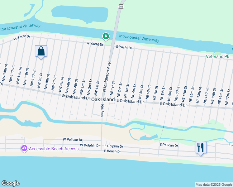 map of restaurants, bars, coffee shops, grocery stores, and more near 103 Northeast 2nd Street in Oak Island