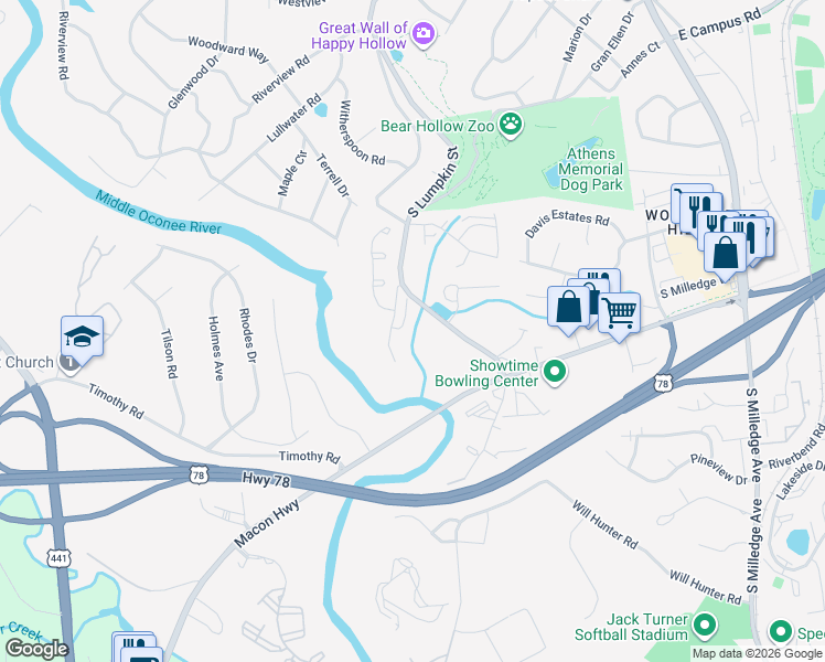 map of restaurants, bars, coffee shops, grocery stores, and more near 2 Hamilton Road in Athens