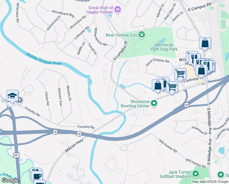map of restaurants, bars, coffee shops, grocery stores, and more near 2 Hamilton Road in Athens