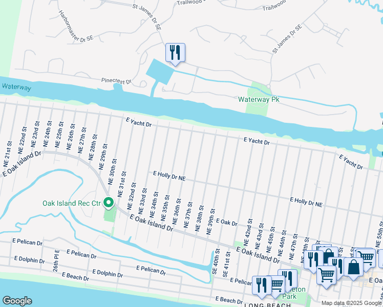 map of restaurants, bars, coffee shops, grocery stores, and more near 224 Northeast 36th Street in Oak Island