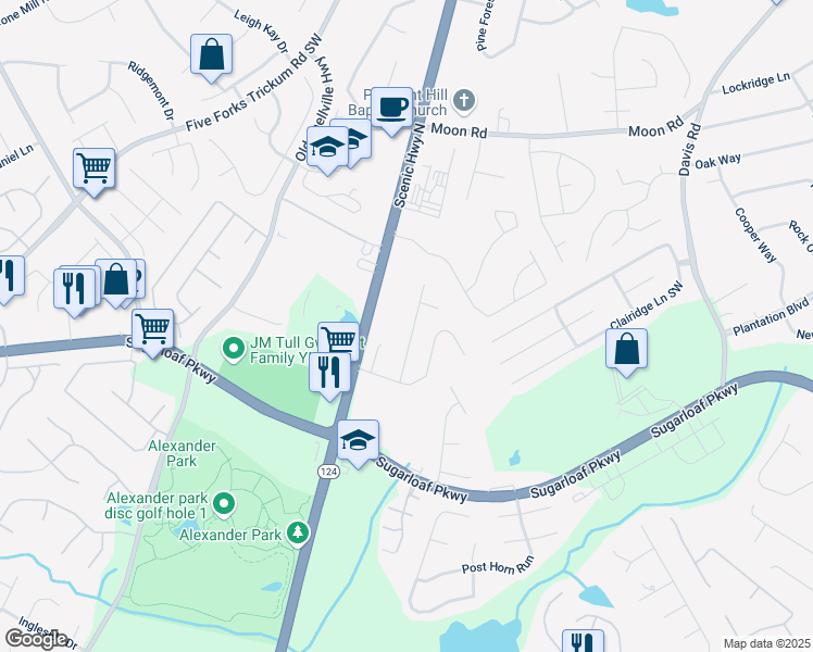 map of restaurants, bars, coffee shops, grocery stores, and more near 735 Scenic Creek Drive Southwest in Lawrenceville
