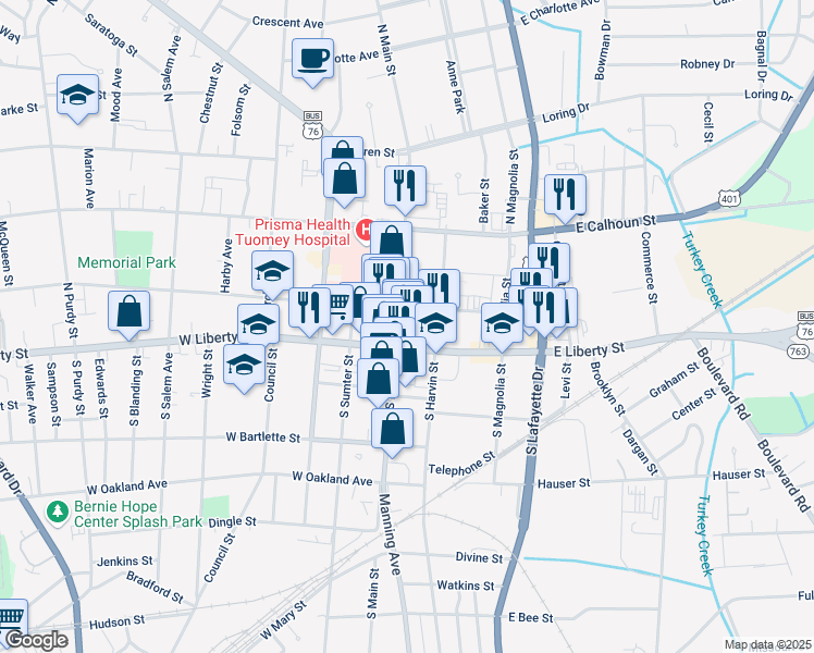 map of restaurants, bars, coffee shops, grocery stores, and more near 21 North Main Street in Sumter