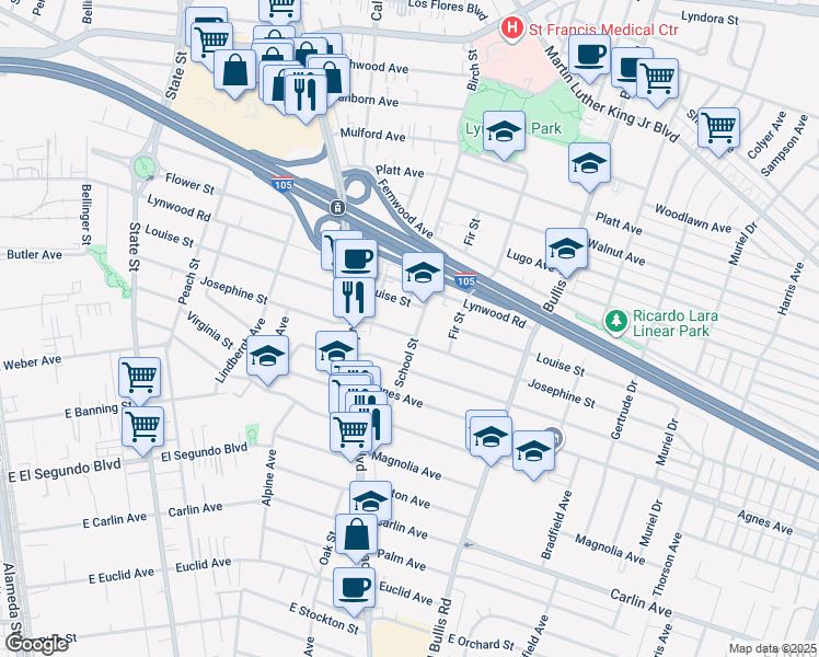 map of restaurants, bars, coffee shops, grocery stores, and more near 3565 Josephine Street in Lynwood