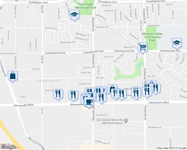 map of restaurants, bars, coffee shops, grocery stores, and more near Elsworth Street in Moreno Valley