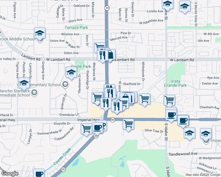 map of restaurants, bars, coffee shops, grocery stores, and more near 939 Glencliff Street in La Habra