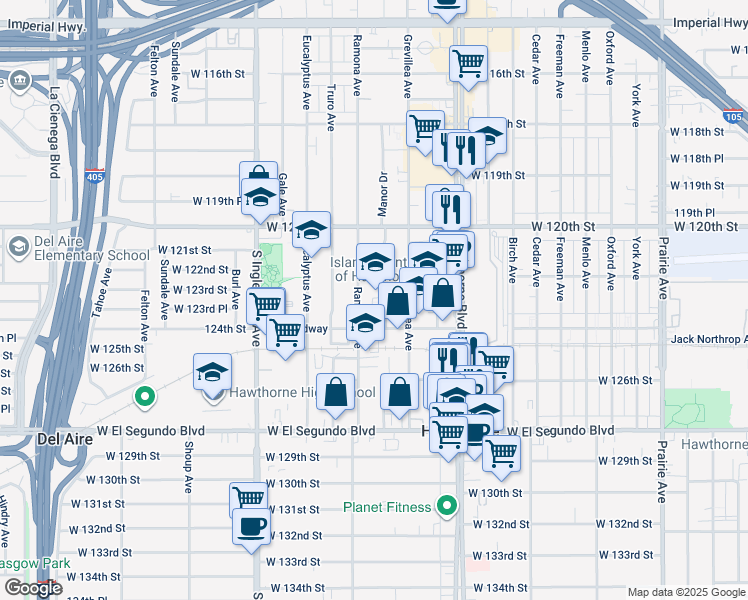 map of restaurants, bars, coffee shops, grocery stores, and more near 12245 Manor Drive in Hawthorne
