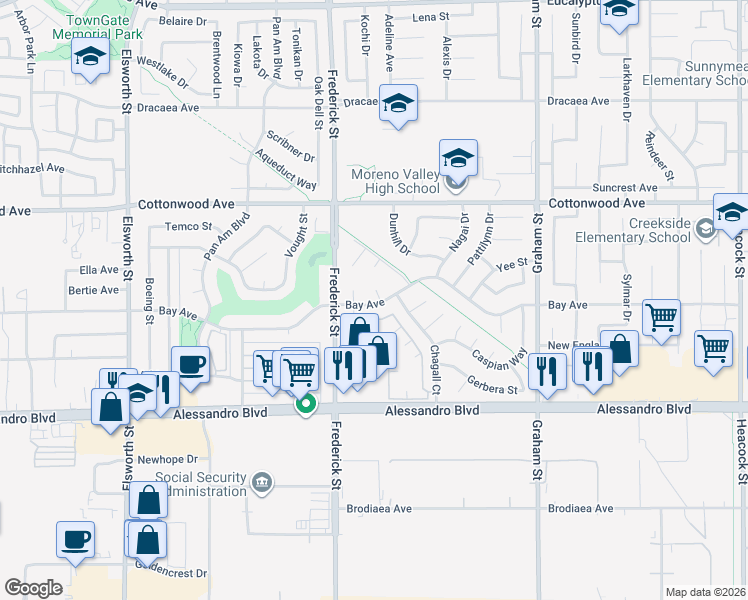 map of restaurants, bars, coffee shops, grocery stores, and more near 13739 Rena Court in Moreno Valley