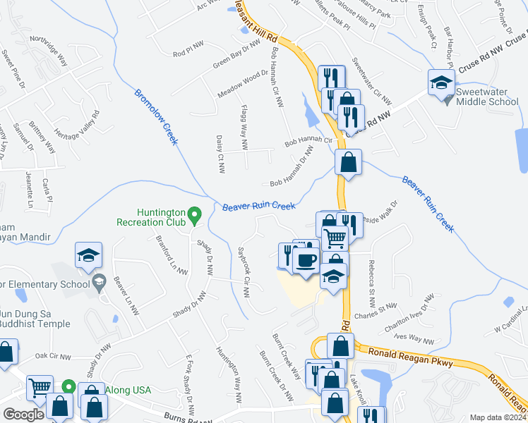 map of restaurants, bars, coffee shops, grocery stores, and more near 968 Saybrook Circle Northwest in Lilburn