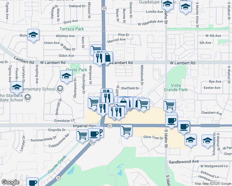 map of restaurants, bars, coffee shops, grocery stores, and more near 919 Glencliff Road in La Habra