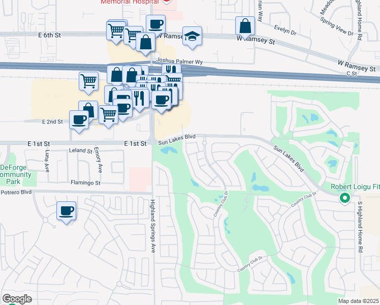 map of restaurants, bars, coffee shops, grocery stores, and more near 6175 Saint Andrews Way in Banning
