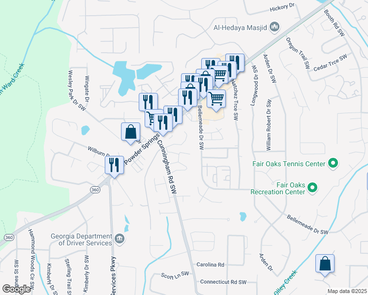 map of restaurants, bars, coffee shops, grocery stores, and more near 6 Cedar Pointe Court Southwest in Marietta