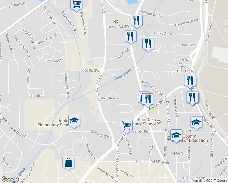 map of restaurants, bars, coffee shops, grocery stores, and more near 1179 Kendrew Pass in Marietta