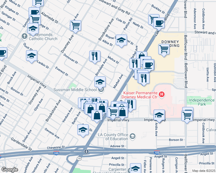 map of restaurants, bars, coffee shops, grocery stores, and more near 8702 Donovan Street in Downey