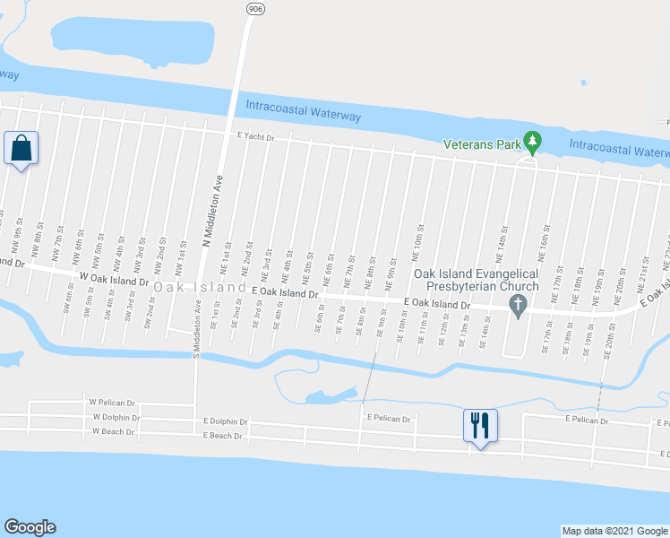 map of restaurants, bars, coffee shops, grocery stores, and more near 108 Northeast 6th Street in Oak Island