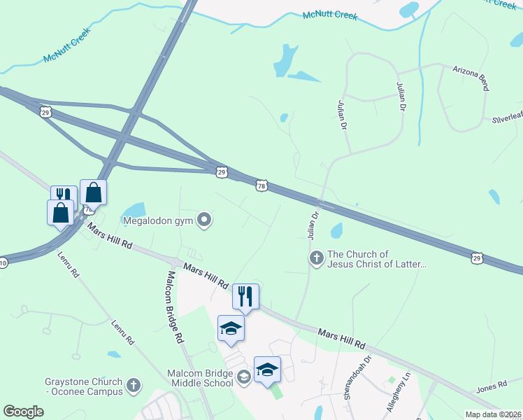map of restaurants, bars, coffee shops, grocery stores, and more near 1161 Bell Road in Watkinsville