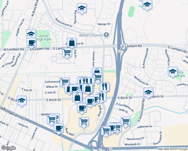 map of restaurants, bars, coffee shops, grocery stores, and more near 228 Olive Place in Brea