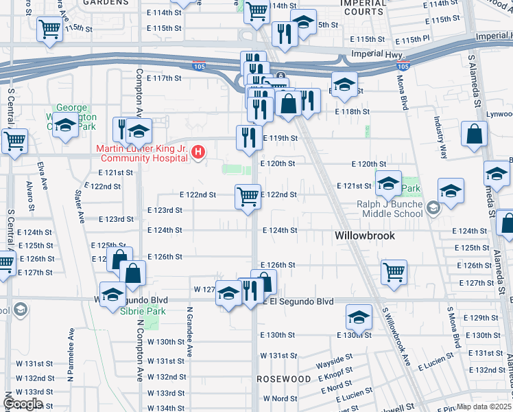 map of restaurants, bars, coffee shops, grocery stores, and more near 12224 Wilmington Avenue in Compton