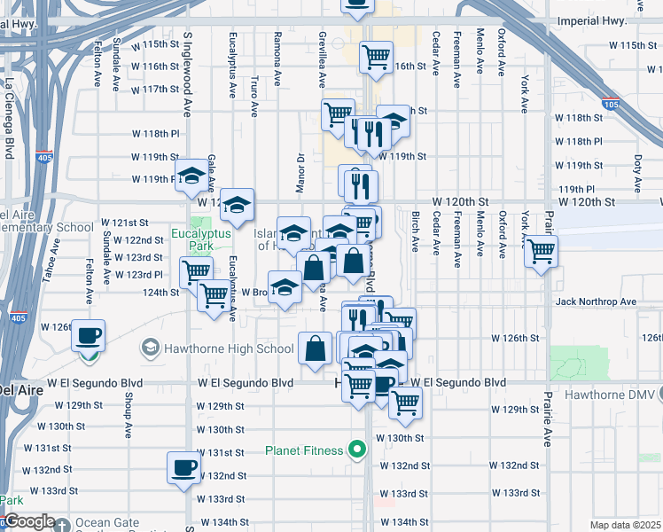 map of restaurants, bars, coffee shops, grocery stores, and more near 12250 Grevillea Avenue in Hawthorne