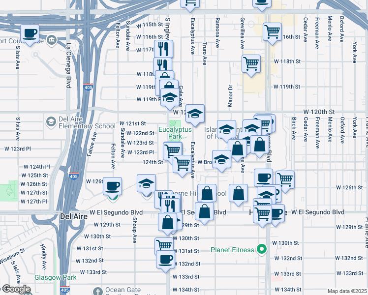 map of restaurants, bars, coffee shops, grocery stores, and more near 12323 Gale Avenue in Hawthorne