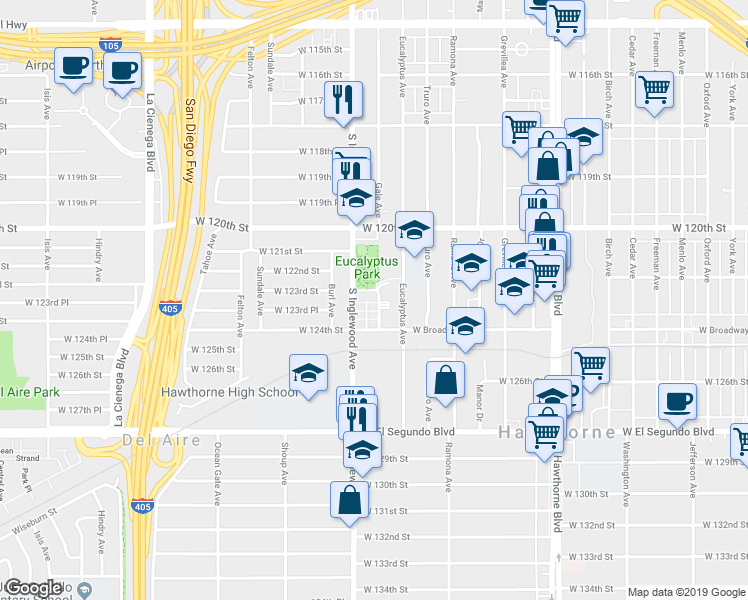 map of restaurants, bars, coffee shops, grocery stores, and more near 12323 Gale Avenue in Hawthorne