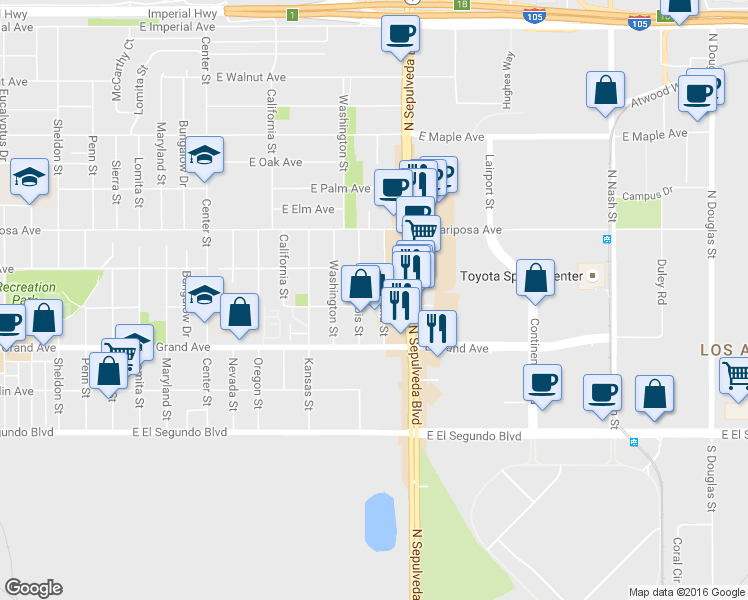 map of restaurants, bars, coffee shops, grocery stores, and more near 400 Illinois Street in El Segundo