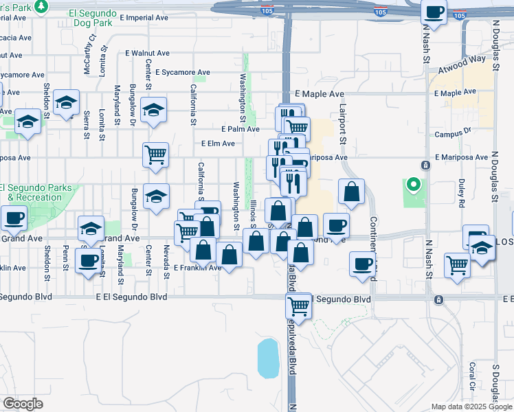 map of restaurants, bars, coffee shops, grocery stores, and more near 400 Illinois Street in El Segundo