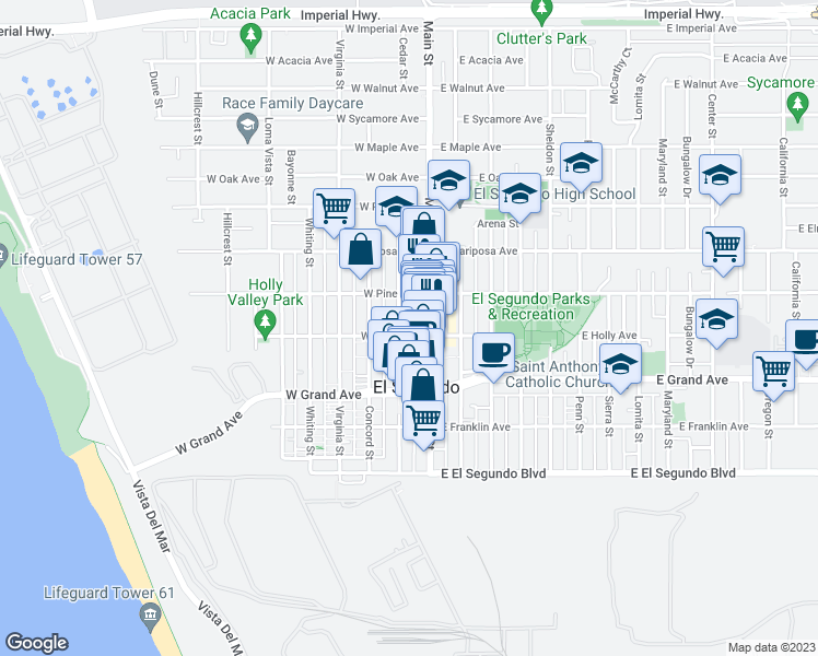 map of restaurants, bars, coffee shops, grocery stores, and more near 401 Richmond Street in El Segundo
