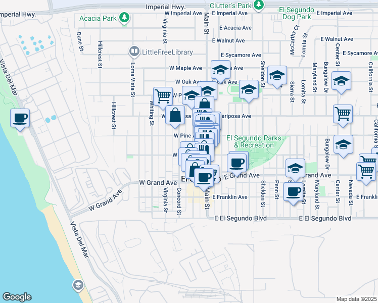 map of restaurants, bars, coffee shops, grocery stores, and more near 401 Richmond Street in El Segundo