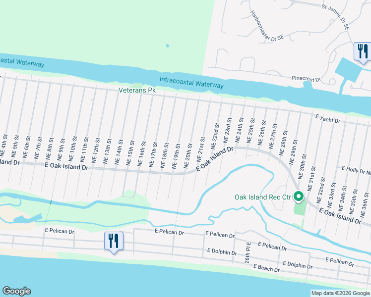 map of restaurants, bars, coffee shops, grocery stores, and more near 115 NE 20th St in Oak Island