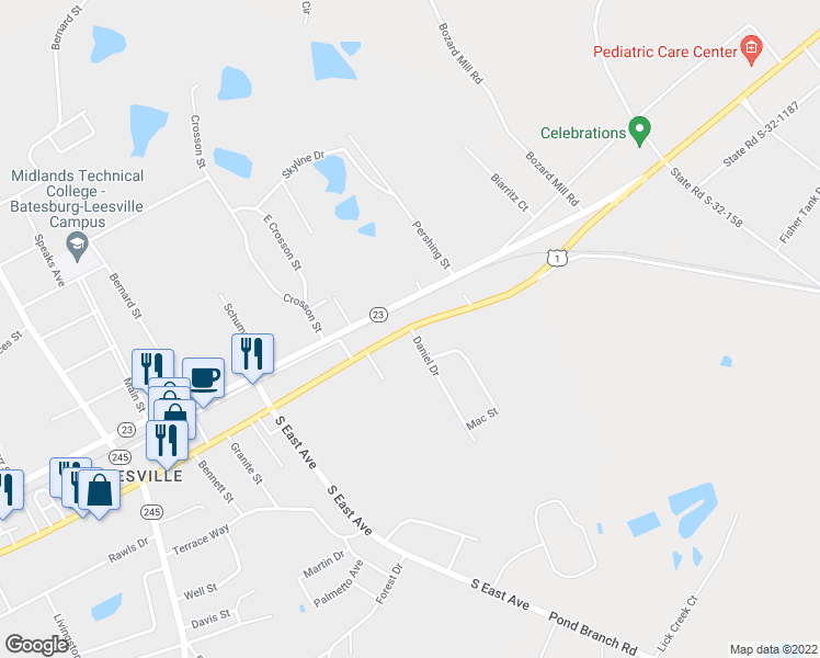 map of restaurants, bars, coffee shops, grocery stores, and more near 109 Daniel Drive in Leesville